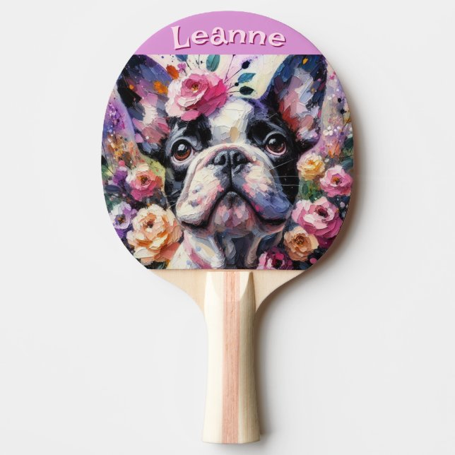 Französischer Bulldog mit Rose Floral Personalisie Tischtennis Schläger (Vorderseite)
