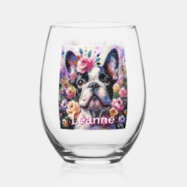 Französischer Bulldog mit Rose Floral Personalisie Weinglas Ohne Stiel