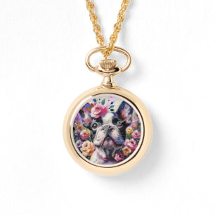 Französischer Bulldog mit Rose Impressionistische Armbanduhr