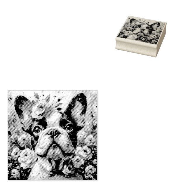 Französischer Bulldog mit Rose Impressionistische  Gummistempel (Stempel)