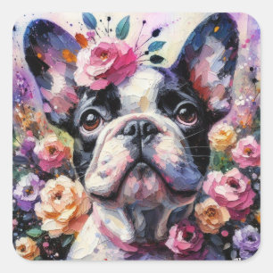 Französischer Bulldog mit Rose Impressionistische  Quadratischer Aufkleber