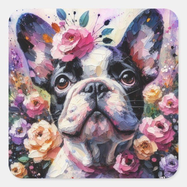 Französischer Bulldog mit Rose Impressionistische  Quadratischer Aufkleber (Vorderseite)