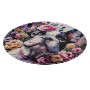 Französischer Bulldog mit Rose Impressionistische  Schneidebrett