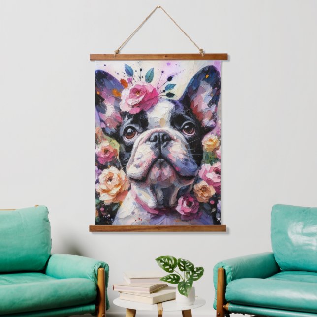 Französischer Bulldog mit Rose Impressionistische  Wandteppich Mit Holzrahmen (Wohnzimmer)