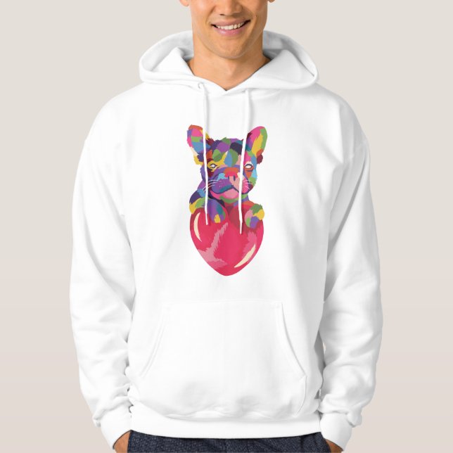 Französischer Bulldog mit rotem Herzen bunt Hoodie (Vorderseite)