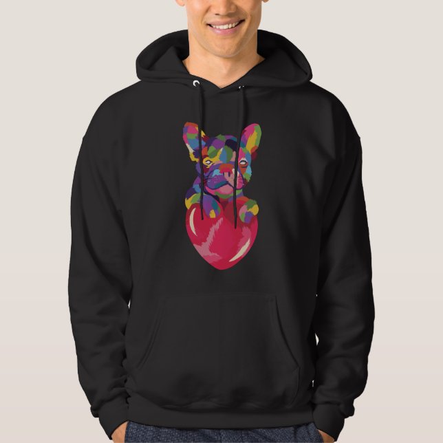Französischer Bulldog mit rotem Herzen bunt Hoodie (Vorderseite)