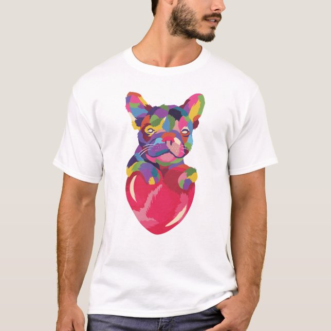 Französischer Bulldog mit rotem Herzen bunt T-Shirt (Vorderseite)