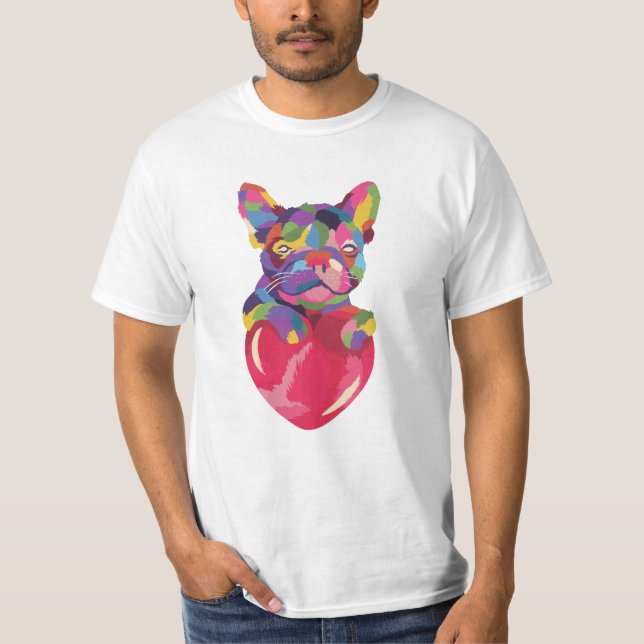 Französischer Bulldog mit rotem Herzen bunt T-Shirt (Vorderseite)