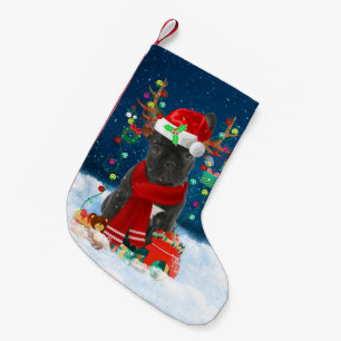 Französischer Bulldog mit Weihnachtsgeschenken Kleiner Weihnachtsstrumpf