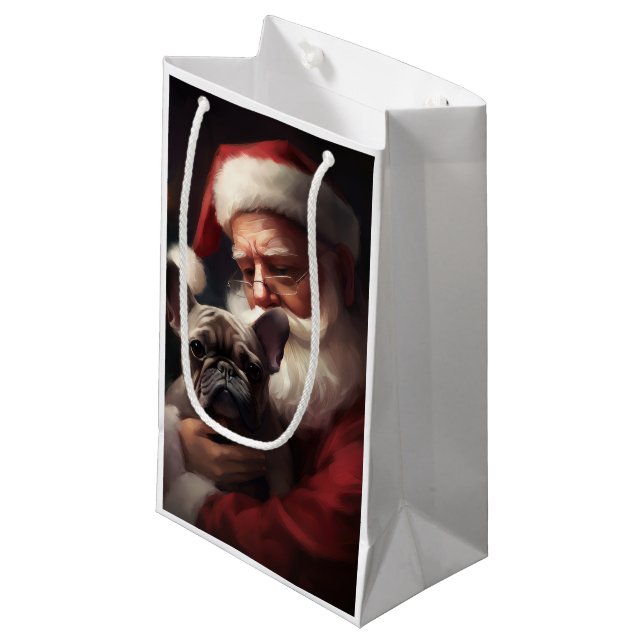 Französischer Bulldog mit Weihnachtsmann Weihnacht Kleine Geschenktüte (Vorderseite Schrägansicht)