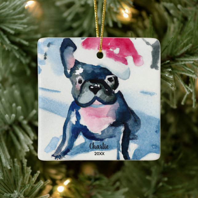 Französischer Bulldog mit Weihnachtsmannmütze, Ind Keramikornament (Baum)