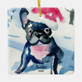 Französischer Bulldog mit Weihnachtsmannmütze, Ind Keramikornament