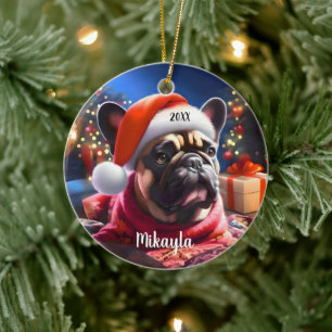 Französischer Bulldog mit Weihnachtsmannmütze Weih Keramik Ornament