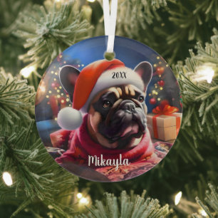 Französischer Bulldog mit Weihnachtsmannmütze Weih Ornament Aus Glas