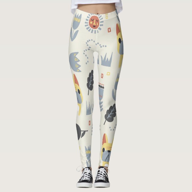 Französischer Bulldog: Skandinavische Flora Wieder Leggings (Vorderseite)