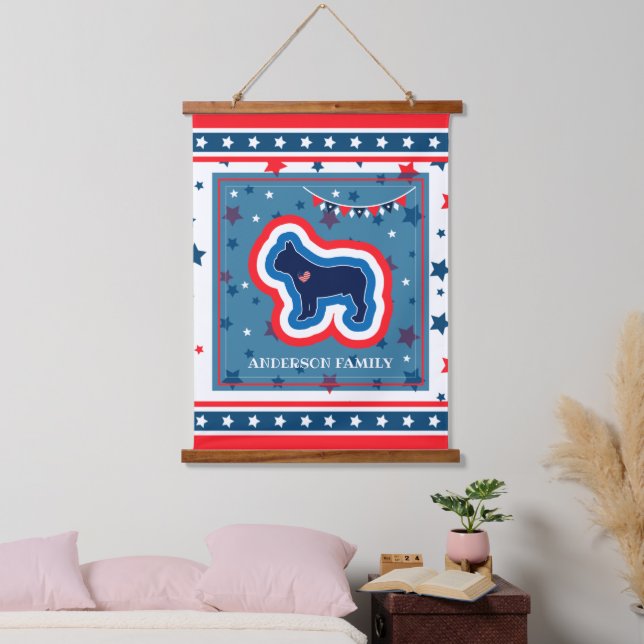 Französischer Bulldog Stars rot weiß und blau 4. J Wandteppich Mit Holzrahmen (Schlafzimmer)