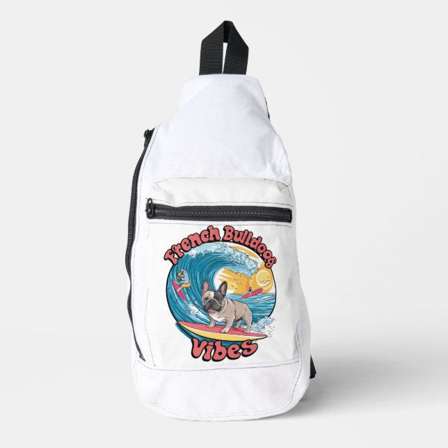 Französischer Bulldog Surfing Tropical Wave Crossbody Bag (Vorderseite)