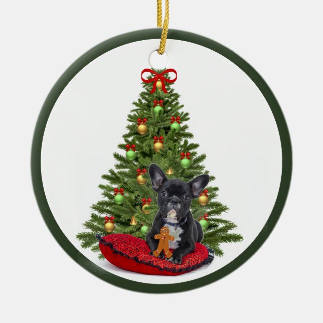 Französischer Bulldog und Weihnachtsbaum Keramik Ornament (Vorne)