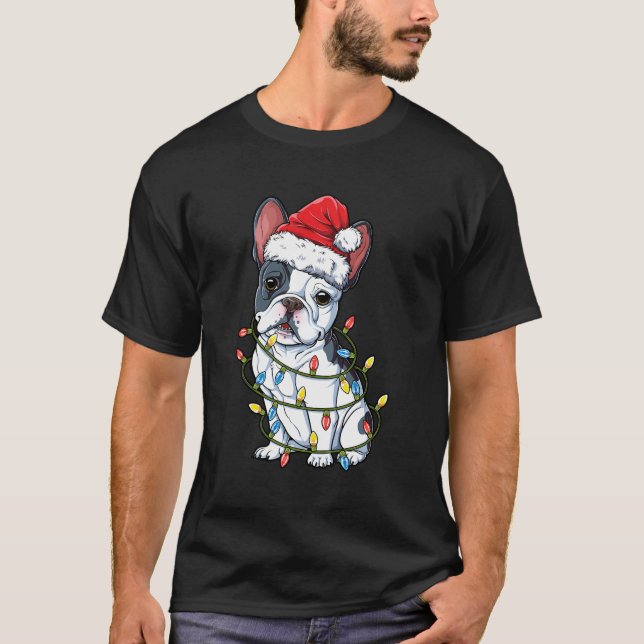 Französischer Bulldog Weihnachtsbaum Lichter Xmas  T-Shirt (Vorderseite)