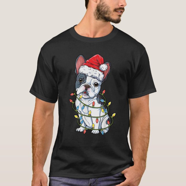 Französischer Bulldog Weihnachtsbaum Lichter Xmas  T-Shirt (Vorderseite)