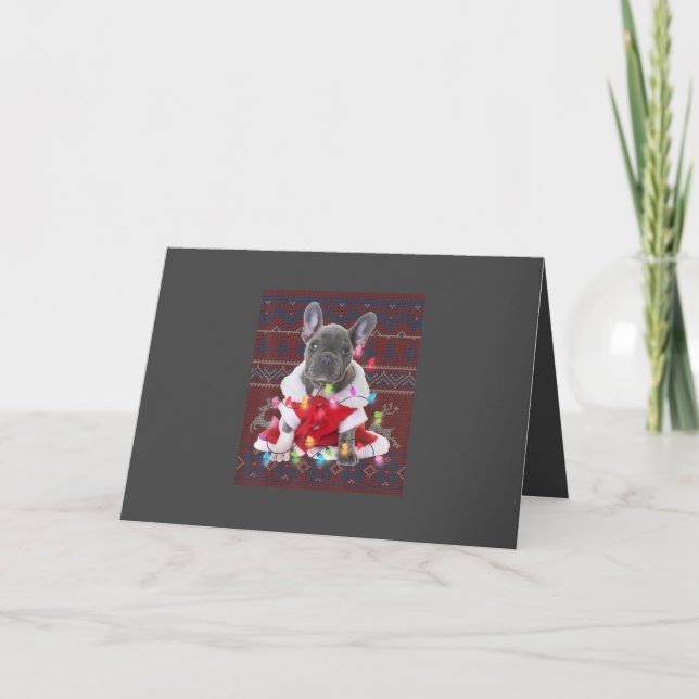 Französischer Bulldog Weihnachtslicht Ugly Sweater Feiertagskarte (Vorderseite)
