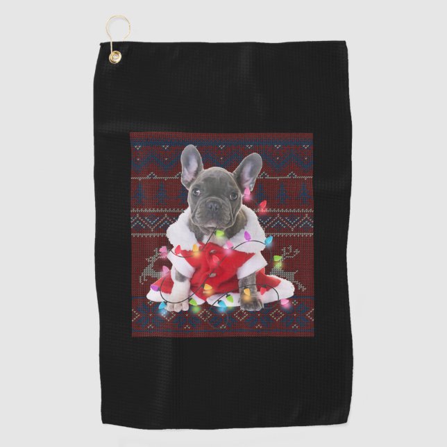 Französischer Bulldog Weihnachtslicht Ugly Sweater Golfhandtuch (Vorderseite)