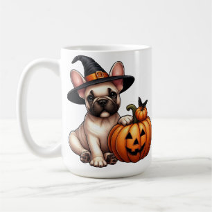 Französischer Bulldog Welpe in Hexenhut mit Pumpki Kaffeetasse