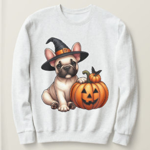 Französischer Bulldog Welpe in Hexenhut mit Pumpki Sweatshirt