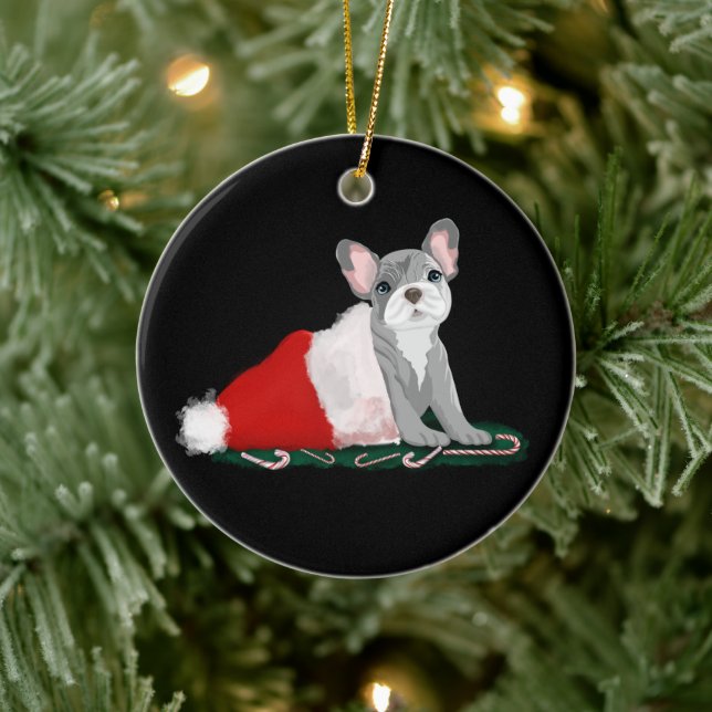 Französischer Bulldog Welpe in Santa's Hat Keramik Ornament (Baum)