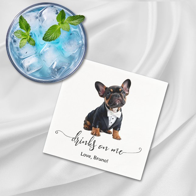 Französischer Bulldog Welpentrinker auf meiner Hun Serviette (French Bulldog Puppy Drinks On Me Dog Wedding Napkins)