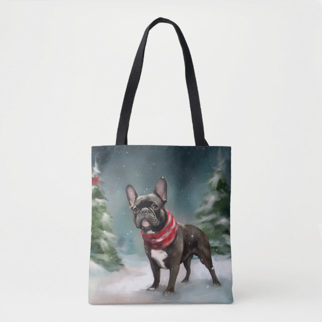 Französischer Bulldog zu Weihnachten im Schnee (Vorderseite)