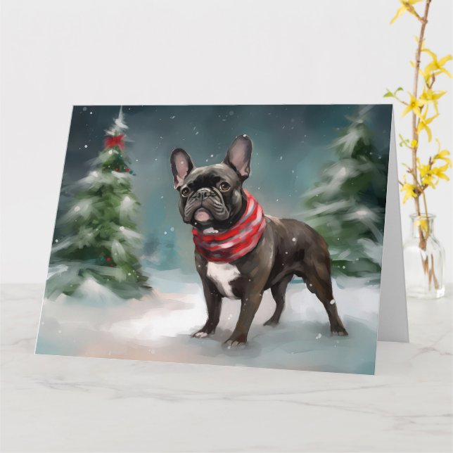 Französischer Bulldog zu Weihnachten im Schnee Karte (Gelbe Blume)