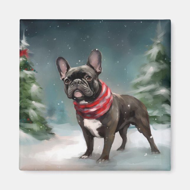 Französischer Bulldog zu Weihnachten im Schnee Magnet (Vorne)