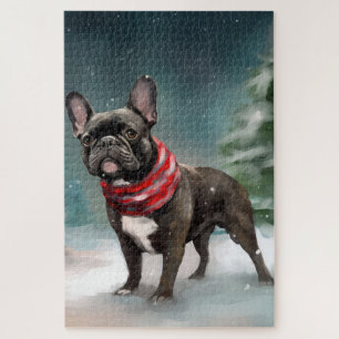Französischer Bulldog zu Weihnachten im Schnee Puzzle