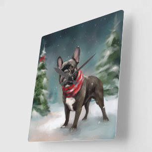 Französischer Bulldog zu Weihnachten im Schnee Quadratische Wanduhr