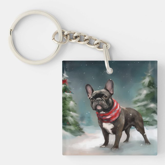 Französischer Bulldog zu Weihnachten im Schnee Schlüsselanhänger (Vorderseite)