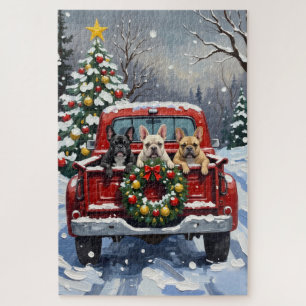 Französischer Bulldogge Weihnachten Rotes Lastwage Puzzle