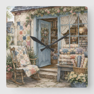 Französischer Cottagecore-Quilt-Shop-Wasserfarben Quadratische Wanduhr