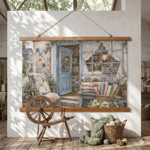 Französischer Cottagecore-Quilt-Shop-Wasserfarben Wandteppich Mit Holzrahmen