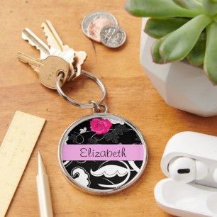 Französischer Damast, Blume, Schwarz und Weiß, Ihr Schlüsselanhänger