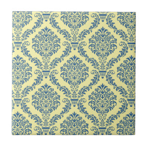 Französischer Empire-Damask in Azurblau und Creme Fliese