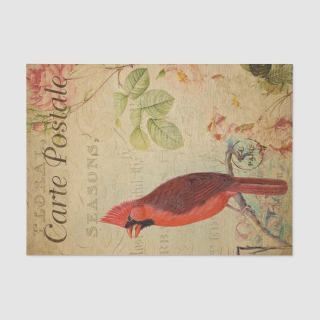 Französischer Ephemera Kardinal Bird Pink Roses De Seidenpapier (Vorderseite)