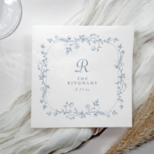 Französischer floraler staubblauer Vintage-Monogra Serviette
