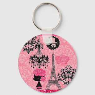 Französischer, girly Eiffelturm, Pudel & Damast El Schlüsselanhänger