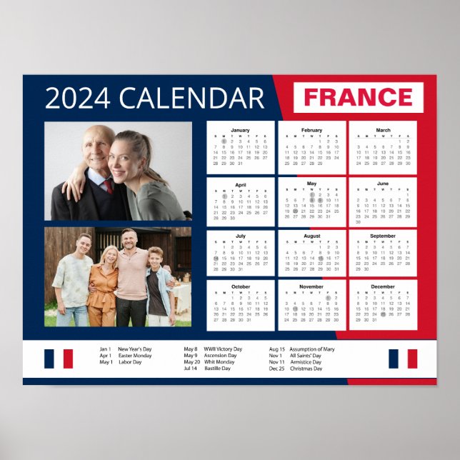 Französischer Kalender in Englisch | Foto 2024 hin Poster (Vorne)