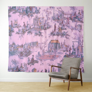 Französischer Rosa Toile de Jouy Chinoiserie-Stil Wandteppich