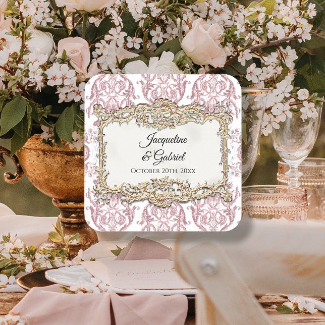 Französischer Toile Rosa Blumenvintage Hochzeit Em Quadratischer Aufkleber (Von Creator hochgeladen)