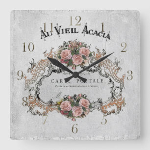 Französischer Vintage-Rahmen mit Rosen Quadratische Wanduhr