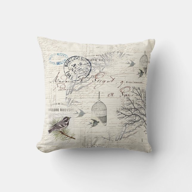 Französischer Vintager Vogel- und Zweigwurfpilz Kissen (Vorderseite)