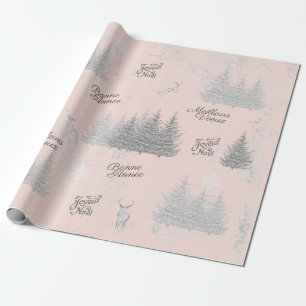 Französischer Weihnachtswald Deer Tree Pink Joyeux Geschenkpapier